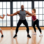 **Dynamic warm-up exercise scene:** A diverse group of people performing arm circles, leg swings, and torso twists in a bright, modern gym setting, emphasizing flexibility and injury prevention. Focus on energetic movement and inclusivity.