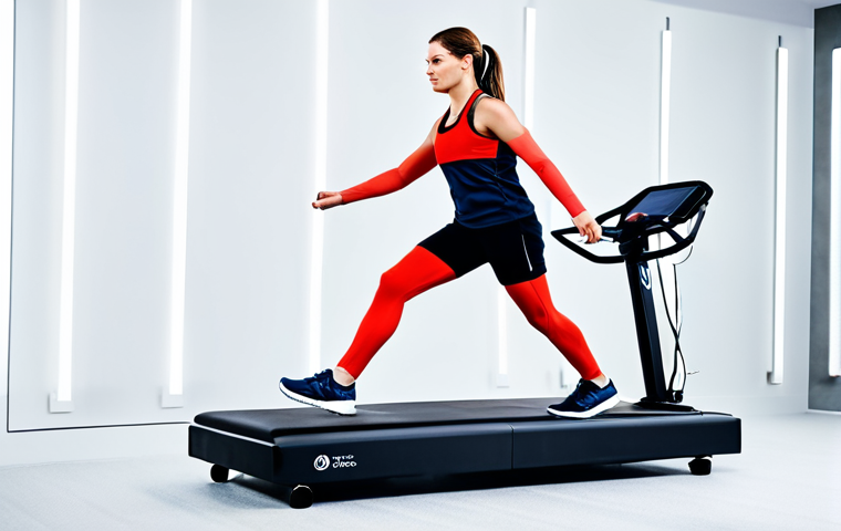 A focused adult athlete, fully clothed in professional athletic wear, performing a rehabilitation exercise using an advanced balance training platform with digital feedback. The setting is a bright, modern physiotherapy clinic with cutting-edge equipment. The lighting is crisp and natural, highlighting a sense of determination and progress. Perfect anatomy, correct proportions, natural pose, well-formed hands, proper finger count, natural body proportions. High-resolution professional photography, appropriate attire, safe for work, appropriate content, modest clothing, family-friendly.