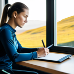 A focused individual, gender-neutral, in modest, professional activewear, sitting thoughtfully at a clean, modern desk with a tablet and a notebook. Sunlight streams in from a large window revealing a calming natural landscape in the background, symbolizing the journey ahead. The individual is engaged in strategic wellness planning, reflecting on personal motivations and setting inspiring, realistic goals. The atmosphere is calm, determined, and forward-looking, emphasizing inner strength and clarity. fully clothed, appropriate attire, safe for work, perfect anatomy, correct proportions, natural pose, well-formed hands, proper finger count, natural body proportions, professional photography, high quality, family-friendly.