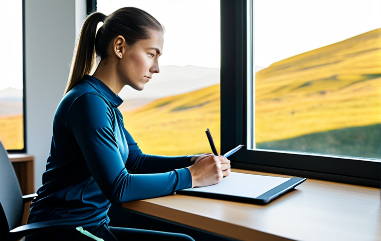 A focused individual, gender-neutral, in modest, professional activewear, sitting thoughtfully at a clean, modern desk with a tablet and a notebook. Sunlight streams in from a large window revealing a calming natural landscape in the background, symbolizing the journey ahead. The individual is engaged in strategic wellness planning, reflecting on personal motivations and setting inspiring, realistic goals. The atmosphere is calm, determined, and forward-looking, emphasizing inner strength and clarity. fully clothed, appropriate attire, safe for work, perfect anatomy, correct proportions, natural pose, well-formed hands, proper finger count, natural body proportions, professional photography, high quality, family-friendly.