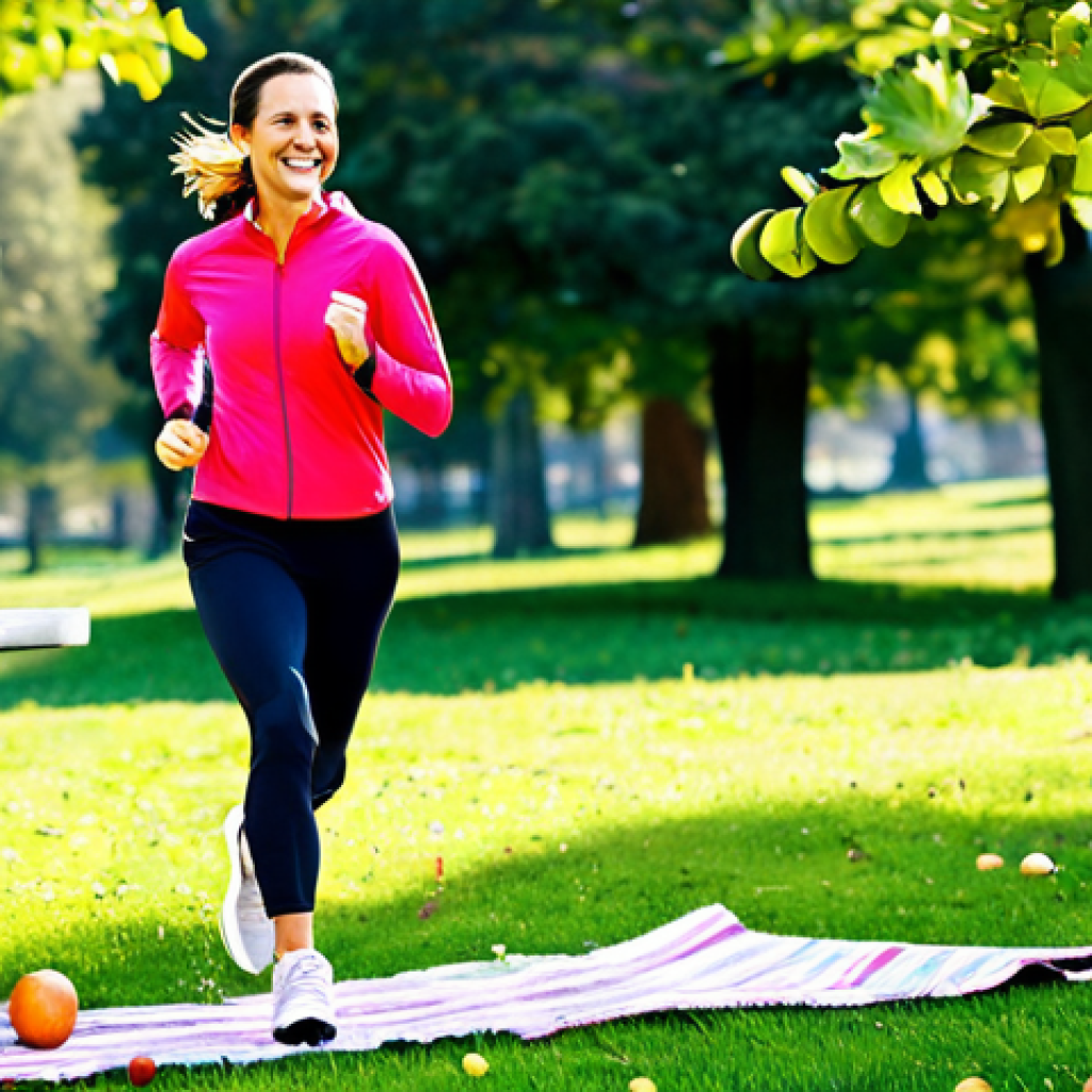 Active Lifestyle & Healthy Food**

"A woman in her 40s, smiling and wearing athletic clothing (fully clothed, modest sportswear), jogging in a park on a sunny day. In the background, a picnic blanket with fresh fruits and vegetables (apples, oranges, broccoli). Safe for work, appropriate content, professional. Perfect anatomy, natural proportions, well-formed hands. Bright, vibrant colors. Family-friendly."

**