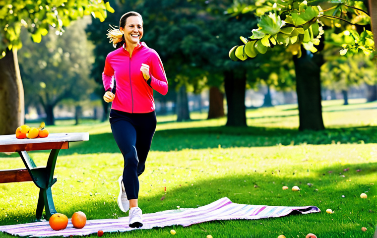 Active Lifestyle & Healthy Food**

"A woman in her 40s, smiling and wearing athletic clothing (fully clothed, modest sportswear), jogging in a park on a sunny day. In the background, a picnic blanket with fresh fruits and vegetables (apples, oranges, broccoli). Safe for work, appropriate content, professional. Perfect anatomy, natural proportions, well-formed hands. Bright, vibrant colors. Family-friendly."

**