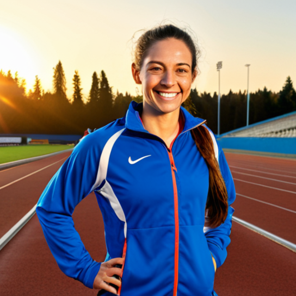 Eustress & Sport**

"A female athlete, fully clothed in appropriate sports attire, smiling confidently on the track, bathed in the golden light of sunrise, representing positive motivation and focus, stadium background, appropriate content, safe for work, perfect anatomy, natural proportions, professional sports photography, high quality, fully clothed, family-friendly."

**