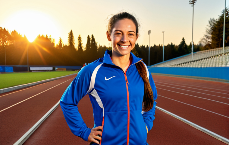 Eustress & Sport**

"A female athlete, fully clothed in appropriate sports attire, smiling confidently on the track, bathed in the golden light of sunrise, representing positive motivation and focus, stadium background, appropriate content, safe for work, perfect anatomy, natural proportions, professional sports photography, high quality, fully clothed, family-friendly."

**