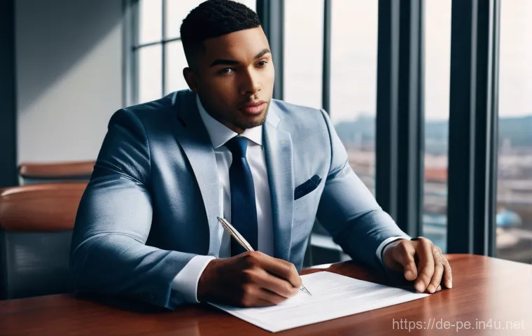 운동선수 계약과 법률 문제 - **Prompt 1: The Weight of the Signature**
    A highly detailed, realistic photograph of a young, pr...