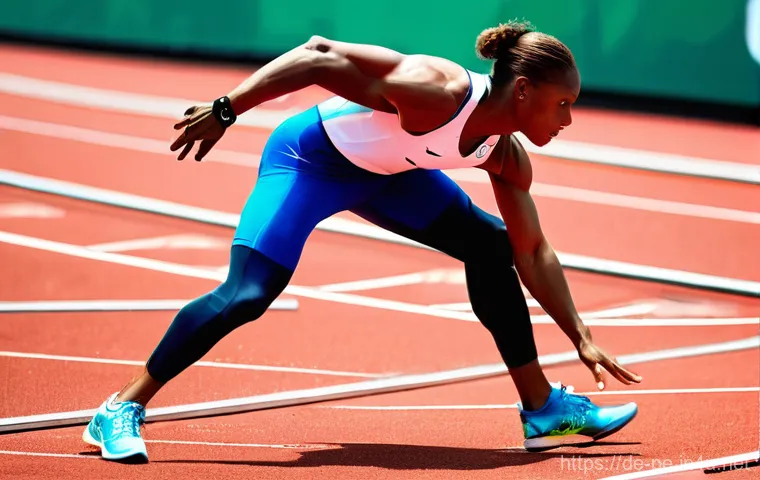 단거리 달리기 스타트 기술 - **Prompt 1: The "Set!" Position of a Sprinter**
    A highly detailed, realistic image of a male or ...