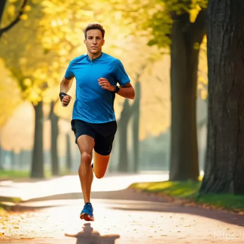 마라톤 훈련 주기화 - A determined marathon runner, mid-stride, checking their advanced smartwatch during a morning run in...