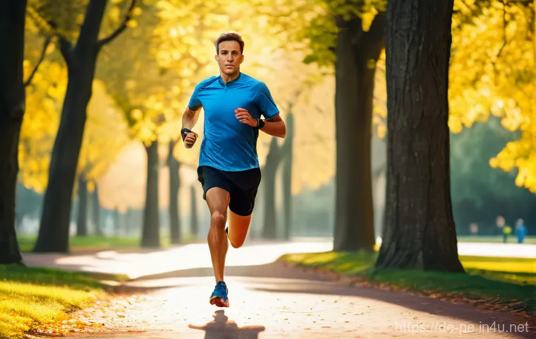 마라톤 훈련 주기화 - A determined marathon runner, mid-stride, checking their advanced smartwatch during a morning run in...