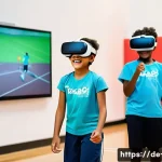 학교 체육 교육의 발전 방향 - **Prompt 1: Futuristic Gamified Sports Experience**
    A group of energetic and diverse children, a...