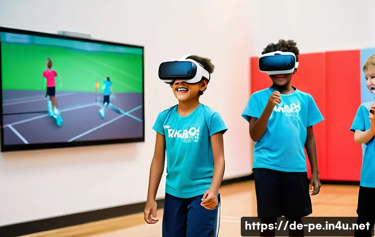 학교 체육 교육의 발전 방향 - **Prompt 1: Futuristic Gamified Sports Experience**
    A group of energetic and diverse children, a...