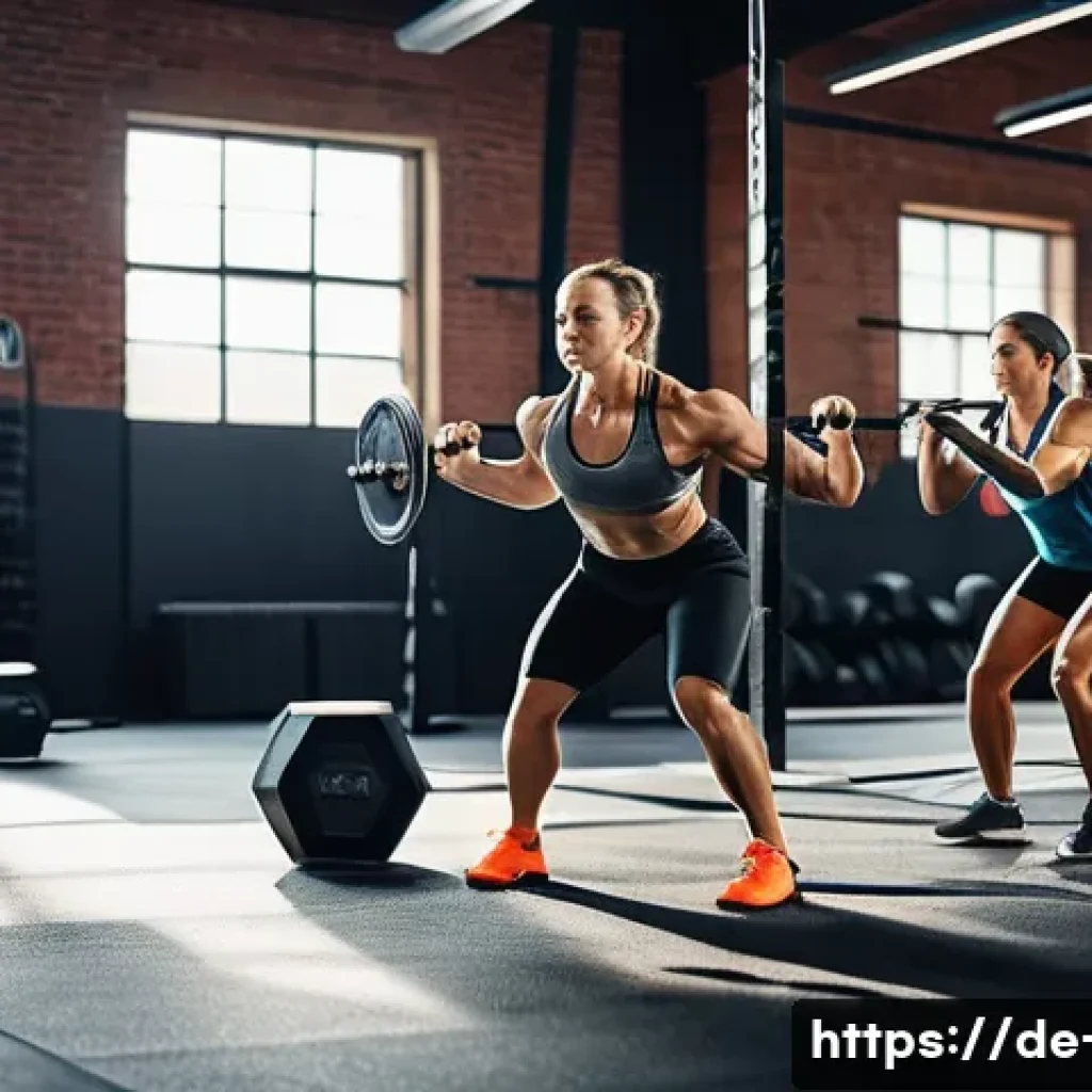 크로스핏 운동 원리 - A diverse group of adult athletes performing a dynamic CrossFit workout in a modern gym with natural...