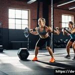 크로스핏 운동 원리 - A diverse group of adult athletes performing a dynamic CrossFit workout in a modern gym with natural...