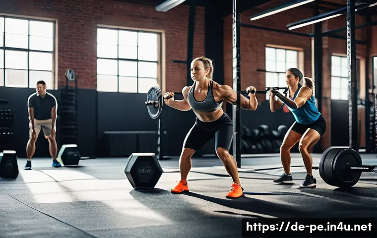 크로스핏 운동 원리 - A diverse group of adult athletes performing a dynamic CrossFit workout in a modern gym with natural...