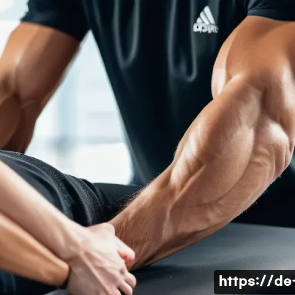 스포츠 마사지의 과학 - A professional sports massage scene in a modern German fitness studio, showing a well-trained adult ...