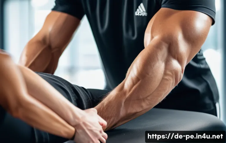 스포츠 마사지의 과학 - A professional sports massage scene in a modern German fitness studio, showing a well-trained adult ...