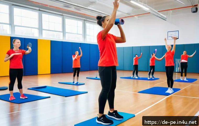 체육교사 자격증 준비법 - A diverse group of young adult sports teacher trainees in a bright, modern gymnasium actively practi...