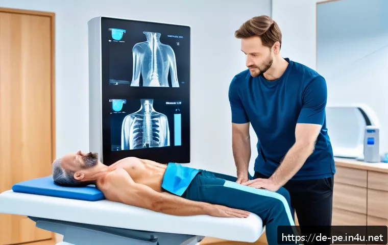 운동재활의 최신 트렌드 - A modern sports rehabilitation clinic scene featuring a high-resolution ultrasound machine and MRI s...