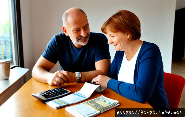 경기 불안 감소 전략 - Photorealistic middle-aged German couple calmly reviewing household finances at a bright kitchen tab...
