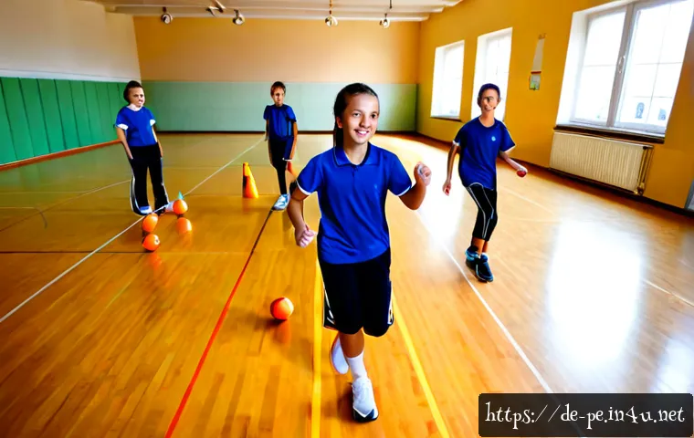 체육 수업에서 활용할 수 있는 게임 - Photorealistic wide-angle scene of a German secondary school physical education class playing a coop...